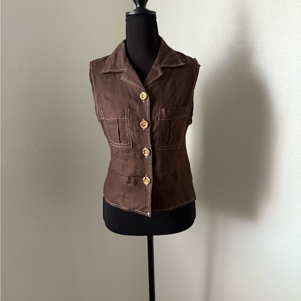 Brown Linen Button Up Vest- Size Small